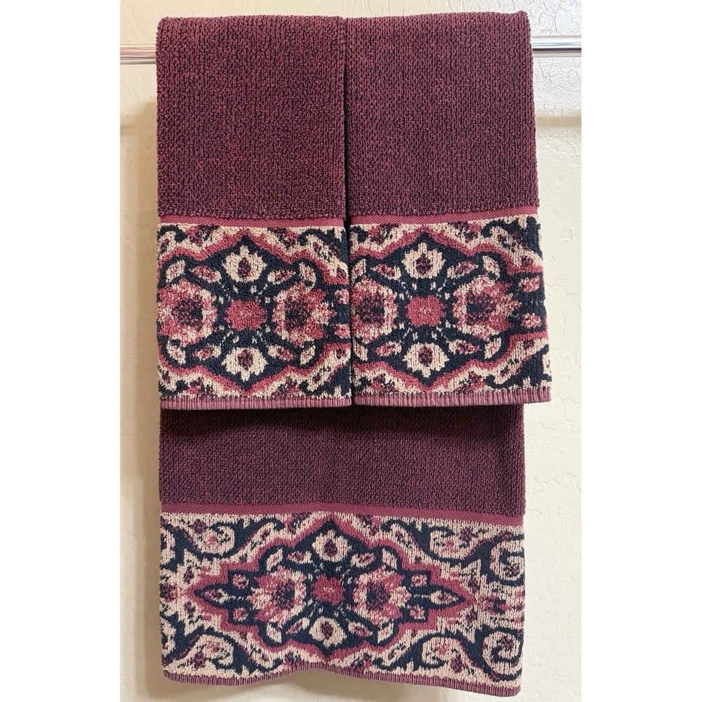 Vintage Ralph Lauren Brentford Border Towel Set 3 PCS Bath Hand Red Black Beige